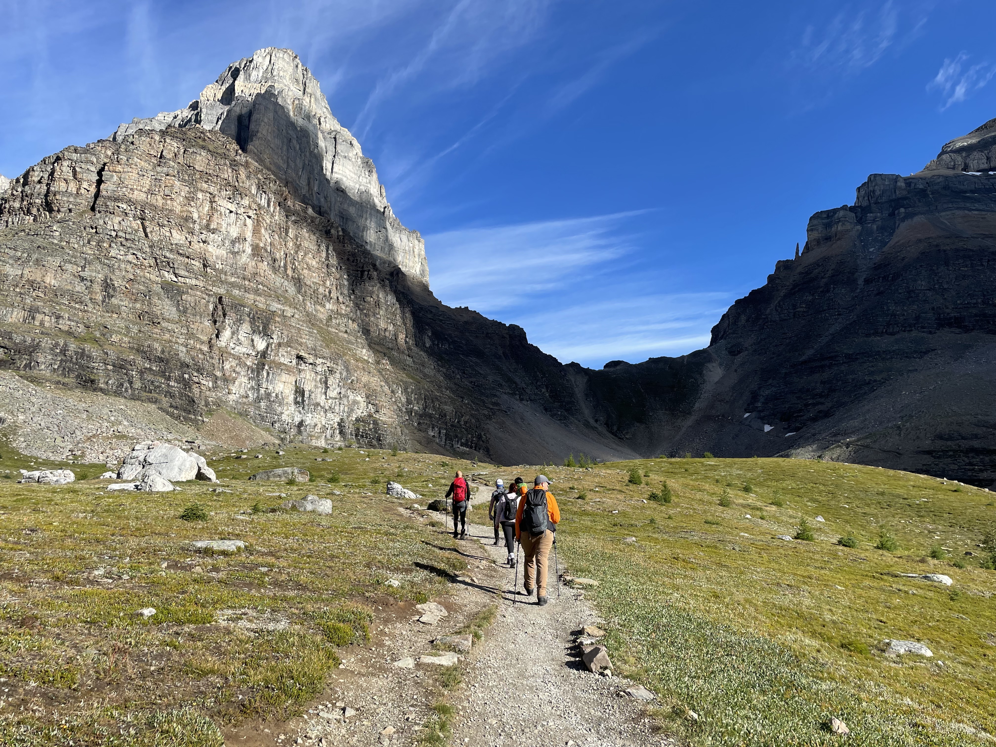 The alpine meadows leading to Sentinel Pass are on hiking terrain