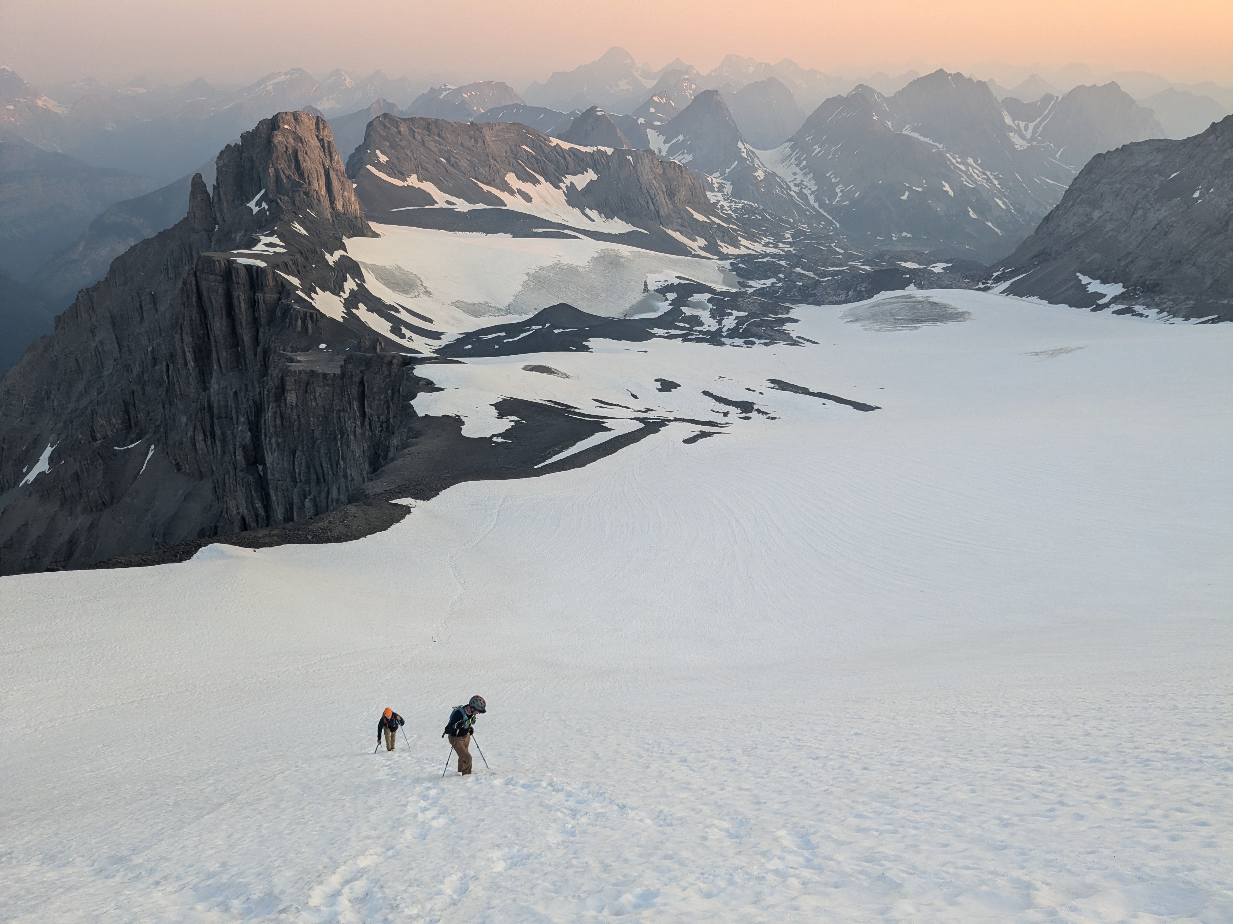 The snow slopes of the Mangin Glacier on the north face of Mount Joffre are an alpine climb