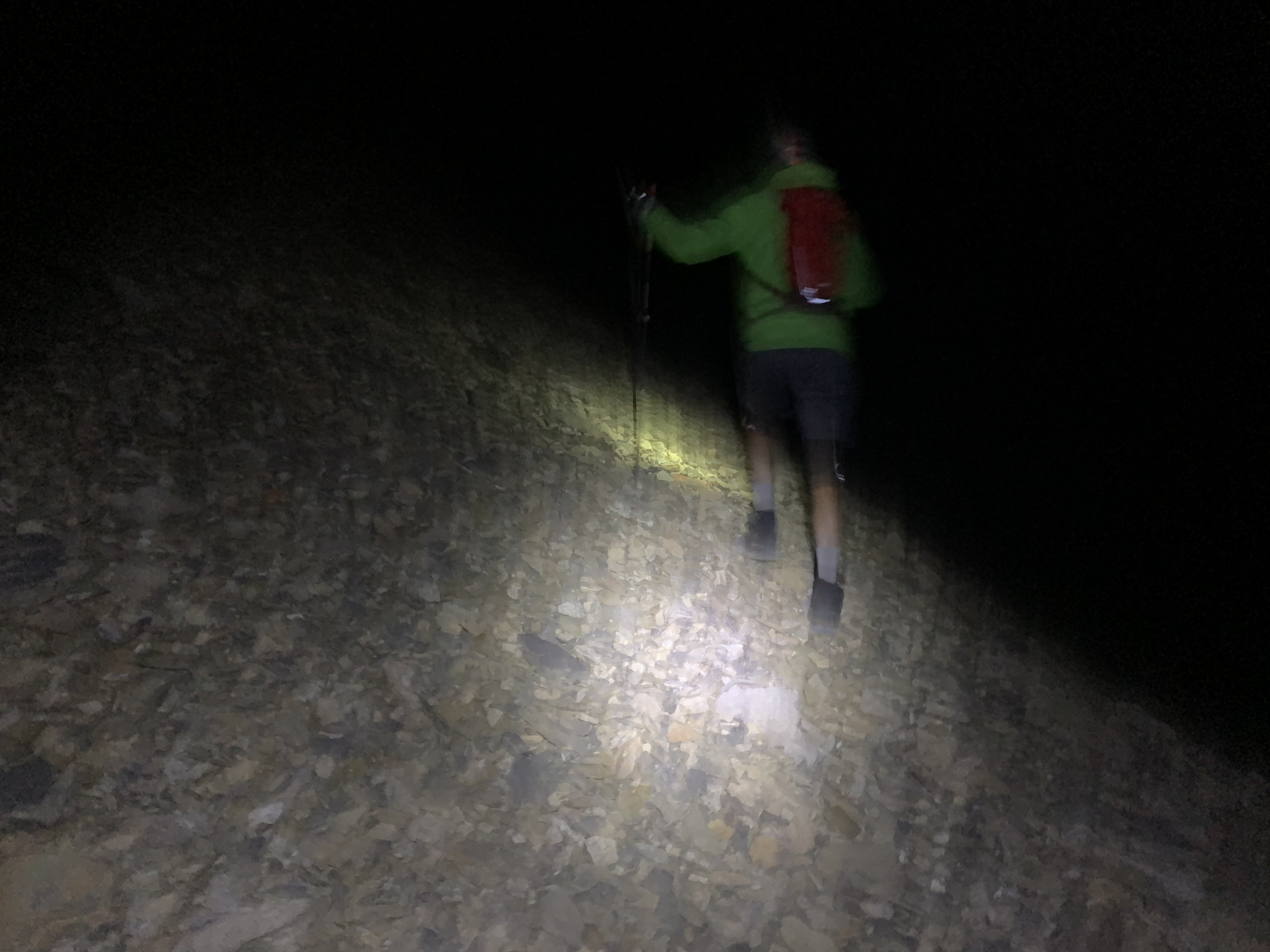 Walking in the dark up the scree slopes of Bobac Mountain