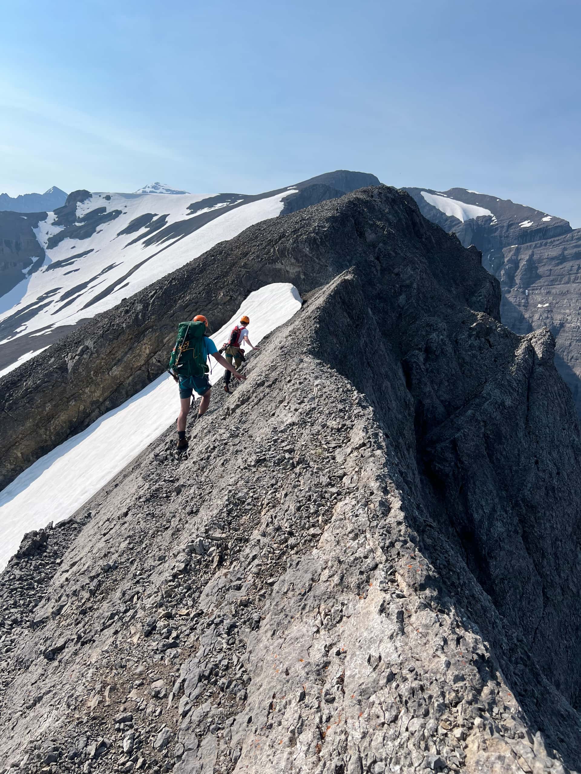 Crossing an exposed section on the traverse between Warrior Mountain and Mount Cordonnier