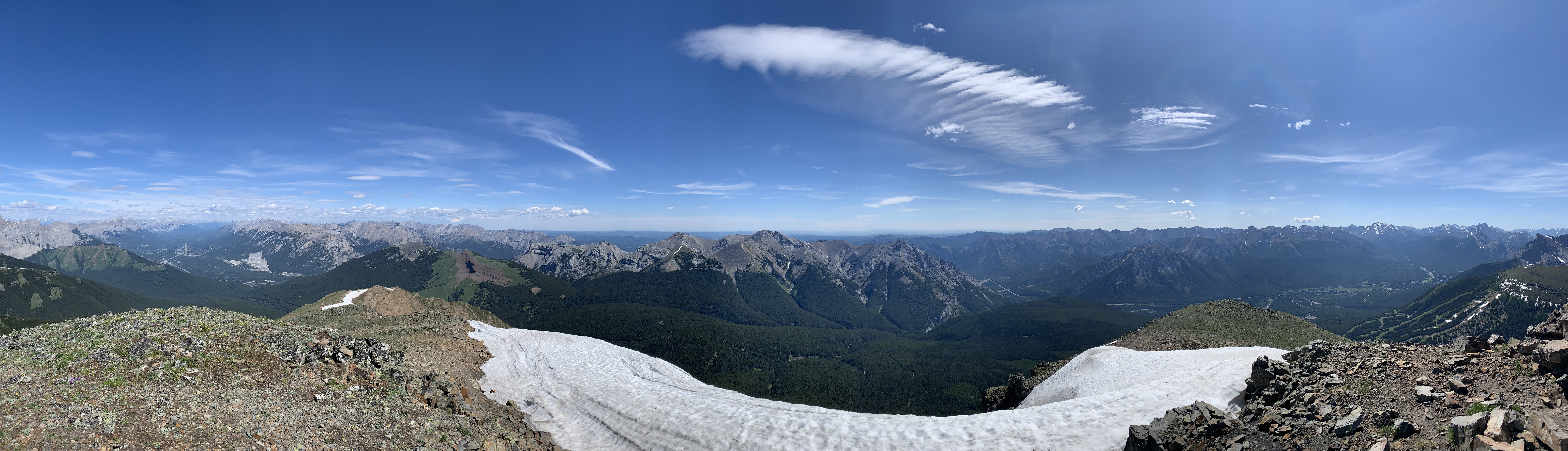 Summit pano from Mount Collembola. The Bow Valley at left, with all its wonderful peaks, then the Pigeon Skogan area at center (I haven’t been up many of those peaks), and lots of Kananaskis peaks at right.