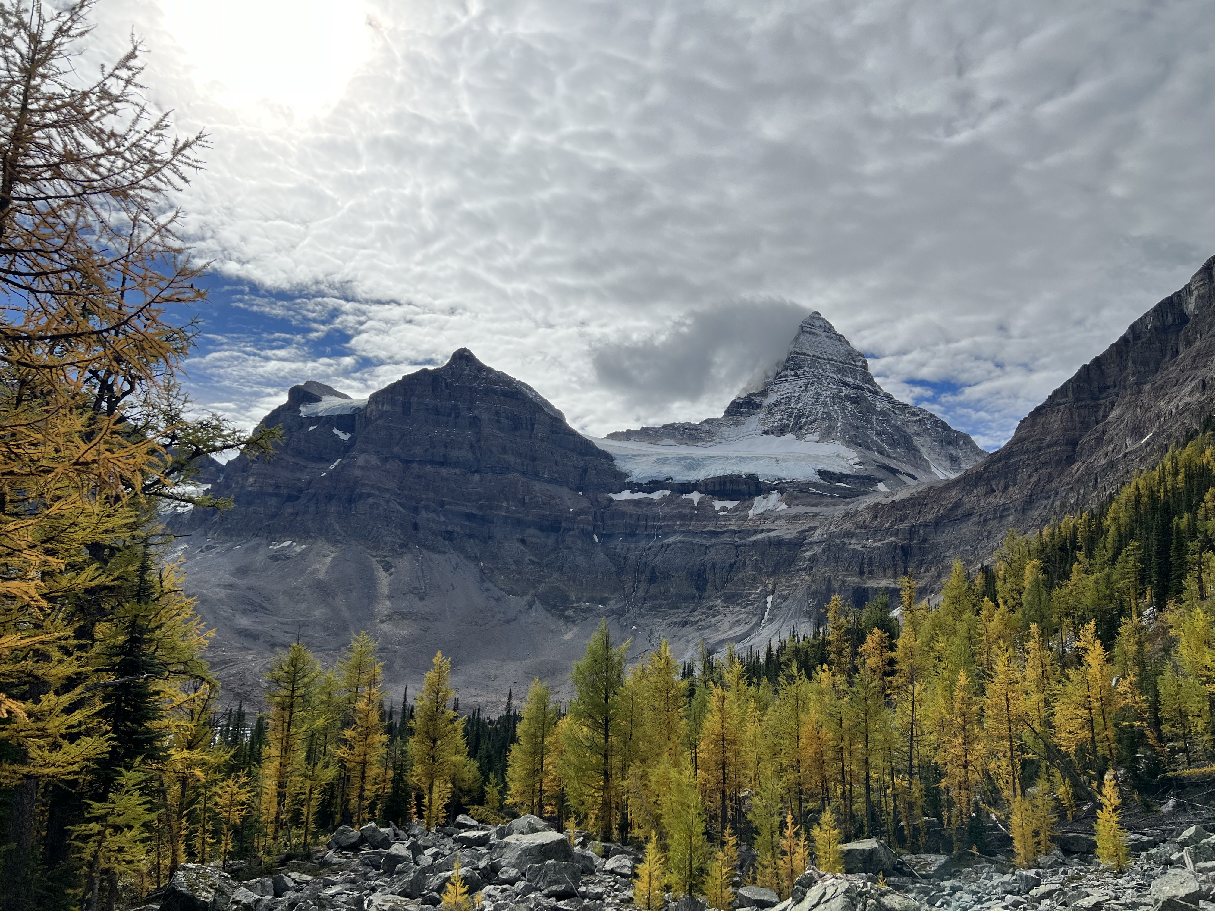 Below the boulder field on Sunburst Peak looking at Mount Assiniboine