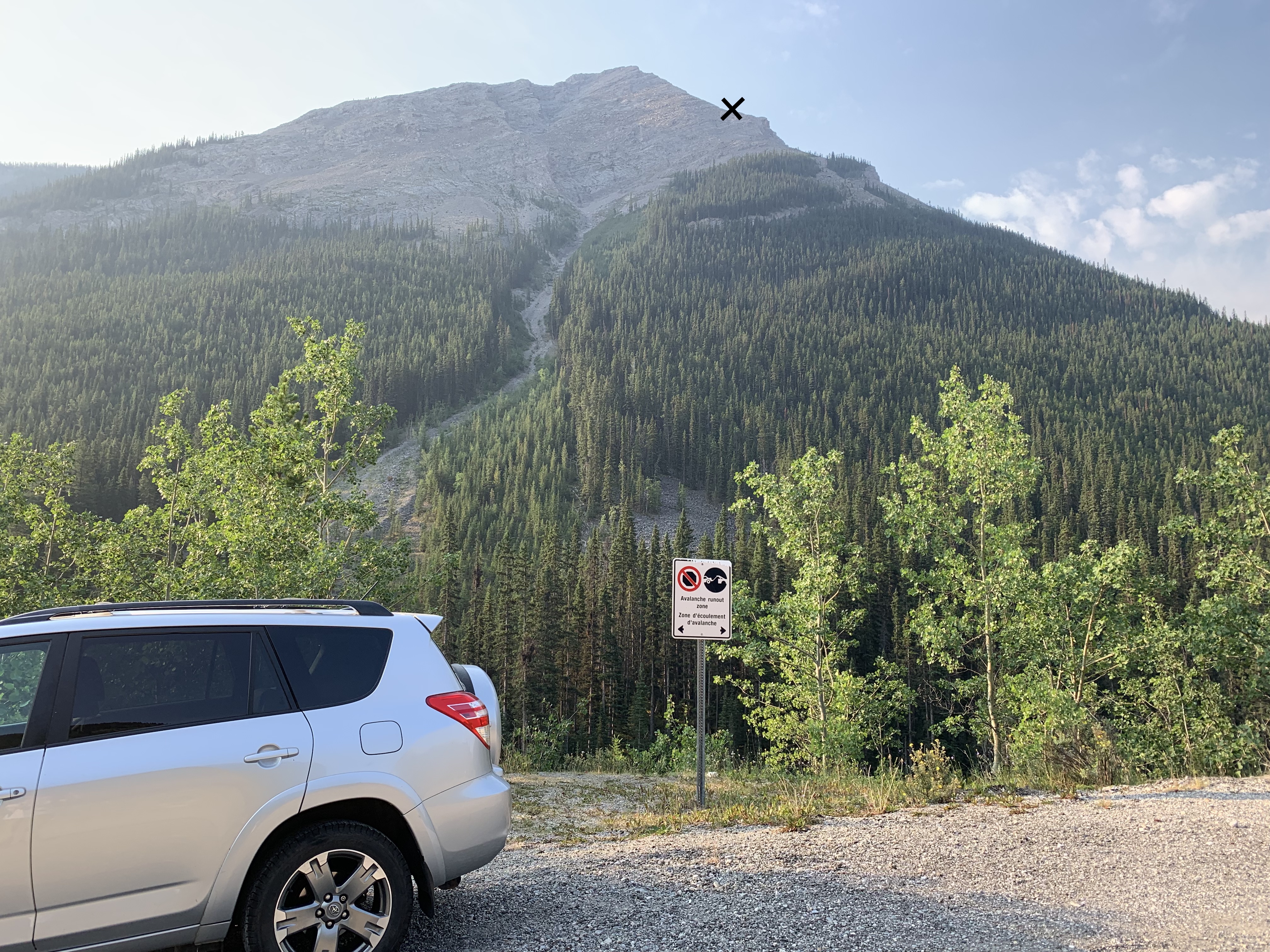 Our parking spot and the obvious avalanche gully we would be ascending for Brewster Peak. X marks the spot that you should be aiming for.