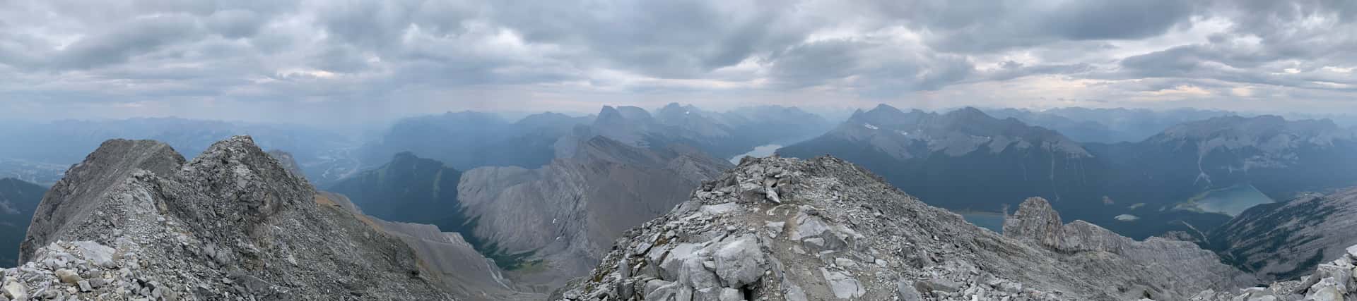 Summit pano on Big Sister gets almost everything. Assiniboine is hiding in the clouds, but you can see Sir Douglas to the south. Apparently even Joffre and Temple are visible on a clear day.